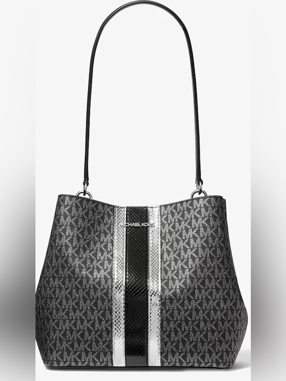 Michael Kors Black and Silver Logo Stripe Shoulder Bag